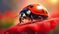 Ladybird on a red flower. Ladybug close-up. Selective focus. AI generated