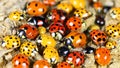 Ladybirds on green leaf