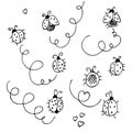 Ladybirds vector set, hand drawn collection of funny cute ladybugs Royalty Free Stock Photo