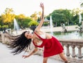 Ladyboy tattooed transgender model is dancing in the green park Royalty Free Stock Photo