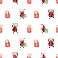 Ladybug back to school vector seamless pattern background. Fun cartoon kawaii ladybird characters with backpacks, pencil Royalty Free Stock Photo