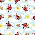 Ladybug back to school vector seamless pattern background. Fun cartoon kawaii ladybird characters with pencils, sun Royalty Free Stock Photo