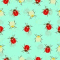 Ladybug, beetles in peas and striped seamless pattern, insects vector background. For fabric design, wallpaper