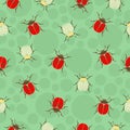 Ladybug, beetles in peas and striped seamless pattern, insects vector background. For fabric design, wallpaper