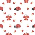 Ladybug butterfly cartoon so cute. On mushroom white background. Polka dot red. Pattern seamless vector illustration Royalty Free Stock Photo