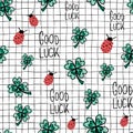 Ladybug, clover, Good Luck seamless vector background. Repeating hand drawn fortune charms on a grid pattern. Use for