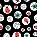 Ladybug, clover, Good Luck in white circles on black seamless vector background. Repeating hand drawn fortune charms on