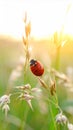 Ladybug crawling on delicate grass stem bathed in warm golden hour sunlight Royalty Free Stock Photo