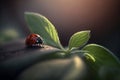 Ladybug crawling on green shoot, close-up insect life. Generative AI