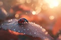 Ladybug crawls on dew-covered leaf in soft morning light at the break of day Royalty Free Stock Photo