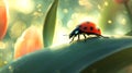 Ladybug Crawls on Green Leaf Among Tulips Royalty Free Stock Photo