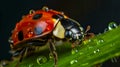 Ladybug in dew drops on leaf, close-up idea of macro photography of insects on lawn, AI generated Royalty Free Stock Photo