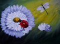 Ladybug and a dragonfly painted on a green and yellow background near white flowers
