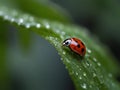 Ladybug dwells on dewy leaves