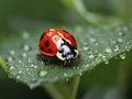 Ladybug dwells on dewy leaves