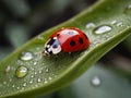 Ladybug dwells on dewy leaves