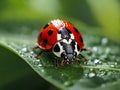 Ladybug dwells on dewy leaves