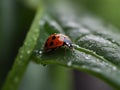Ladybug dwells on dewy leaves