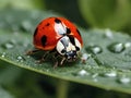 Ladybug dwells on dewy leaves