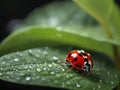 Ladybug dwells on dewy leaves