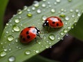 Ladybug dwells on dewy leaves