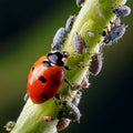 Ladybug eating aphids. Macro of ladybug (Adalia bipunctata) eating aphids on stem Royalty Free Stock Photo