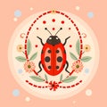 Ladybug with flowers and red and white rope on light background. Hello spring, 1 march