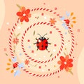 Ladybug with flowers and red and white rope on light background. Hello spring, 1 march