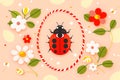 Ladybug with flowers and red and white rope on light background. Hello spring, 1 march