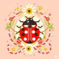 Ladybug with flowers and red and white rope on light background. Hello spring, 1 march