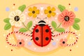 Ladybug with flowers and red and white rope on light background. Hello spring, 1 march