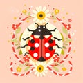 Ladybug with flowers and red and white rope on light background. Hello spring, 1 march