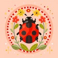 Ladybug with flowers and red and white rope on light background. Hello spring, 1 march