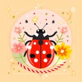 Ladybug with flowers and red and white rope on light background. Hello spring, 1 march