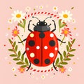 Ladybug with flowers and red and white rope on light background. Hello spring, 1 march