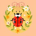 Ladybug with flowers and red and white rope on light background. Hello spring, 1 march