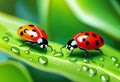 ladybug on green leaf macro close up photo with water drops Royalty Free Stock Photo