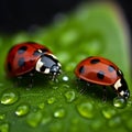 Ladybug on green leaf with water drops close up.generative AI Royalty Free Stock Photo