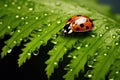 ladybug on green leaf with water drops, closeup of photo, ladybug on a green fern leaf, macro close up, AI Generated Royalty Free Stock Photo