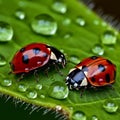 Ladybug on green leaf with water drops close up.generative AI Royalty Free Stock Photo