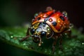 Ladybug on a green leaf with water drops, macro Royalty Free Stock Photo