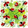 Ladybug with hearts and flowers seamless pattern - vector