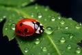 Ladybug insect crawling on leaf covered with raindrops Royalty Free Stock Photo