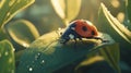 Ladybug on a leaf with morning dew, sunlit Royalty Free Stock Photo