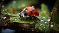 A ladybug on a leaf with water drops close-up. Generative AI. Royalty Free Stock Photo