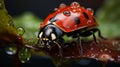 A ladybug on a leaf with water drops close-up. Generative AI. Royalty Free Stock Photo