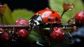 A ladybug on a leaf with water drops close-up. Generative AI. Royalty Free Stock Photo