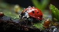 A ladybug on a leaf with water drops close-up. Generative AI. Royalty Free Stock Photo