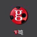 Ladybug logo. Fun letter G with insects antennae. Kids team emblem. Glossy icon of ladybug.