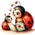 Mom Ladybug is reading a storybook to her kid, Watercolor Illustration, Mother\'s Day. Mom gift.